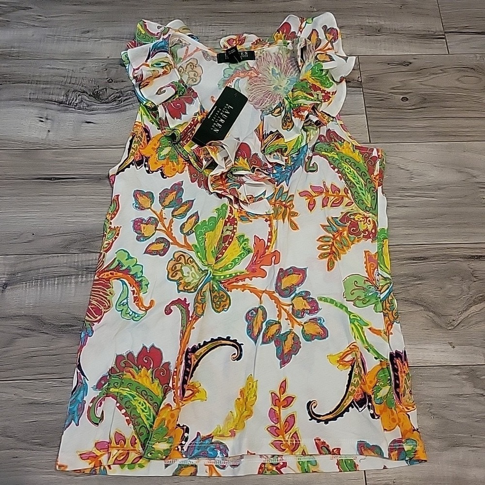Lauren Ralph Lauren Blouse Womens XS Ruffle Collar Floral Sleeveless LRL New $59